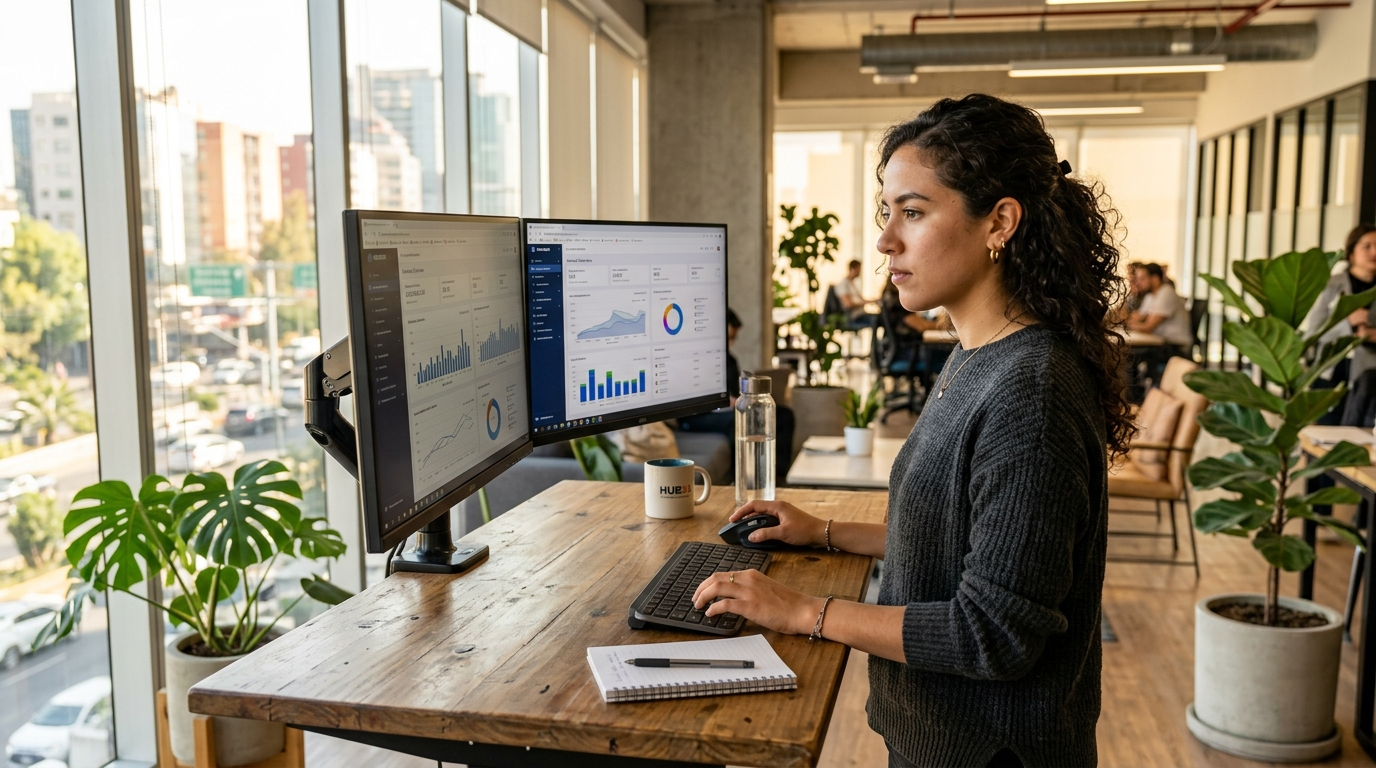 Latin American nearshore virtual assistant managing startup workflows on dual monitors in 2026 modern coworking space