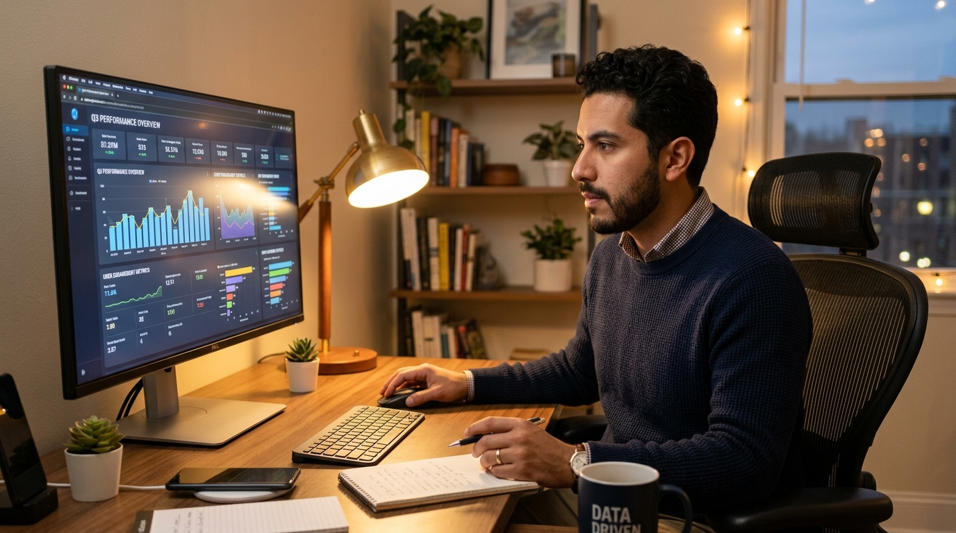 Nearshore virtual assistant reviewing startup analytics dashboard for high-growth agency automation workflow 2026