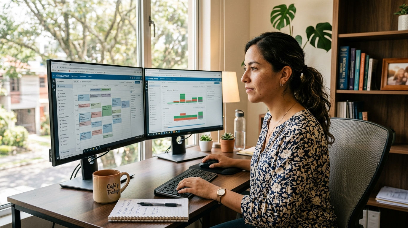 Nearshore medical VA at dual-monitor home office reviewing HIPAA-compliant patient scheduling software in Latin America