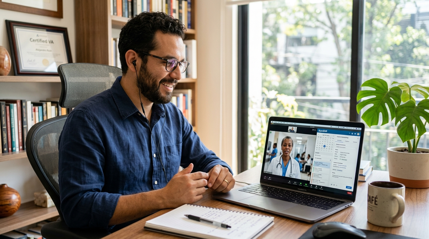Nearshore Latin American medical VA on HIPAA-compliant video call with US healthcare provider reviewing patient scheduling