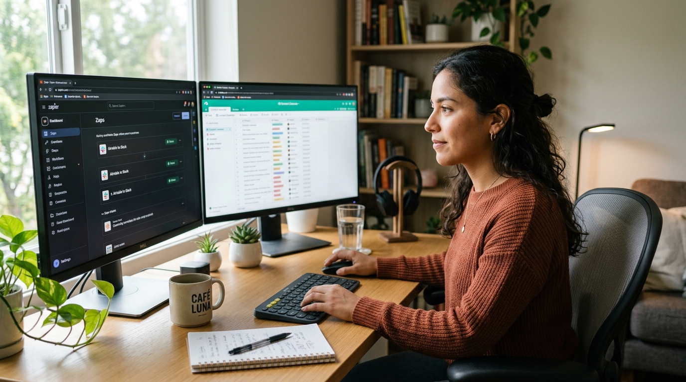 Nearshore no-code virtual assistant reviewing Zapier automation workflows on dual monitors in a Latin American home office