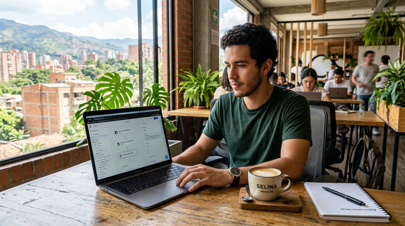 Latin American no-code virtual assistant building a Zapier automation workflow on a MacBook in a Medellín co-working space