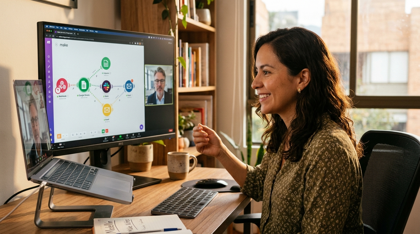 Nearshore no-code VA presenting a Make automation workflow to a US client on a video call, screen sharing flowchart visible