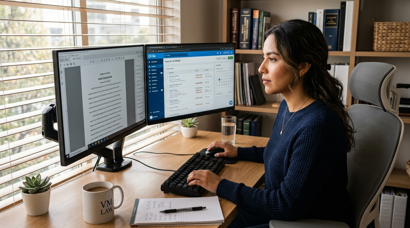 Latin American virtual legal assistant reviewing case files on dual monitors for a US law firm, nearshore staffing setup
