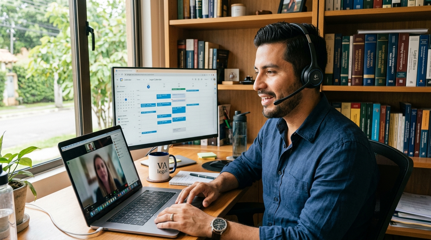Nearshore Latin American virtual legal assistant on a video intake call for a US law firm during business hours