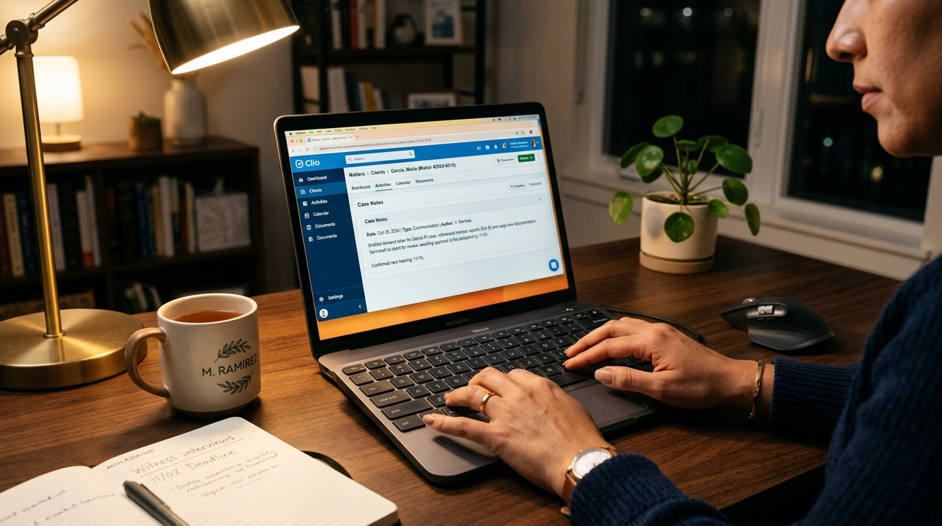 Virtual legal assistant managing client intake and case files in Clio practice management software for a US law firm