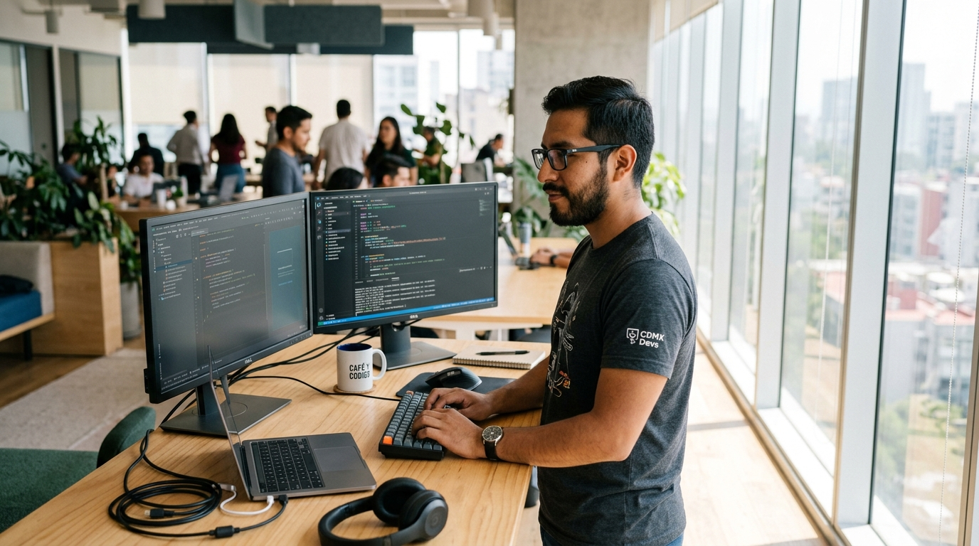 Mexican AI and Android app developer working at dual monitors in a modern Latin American co-working space in 2026
