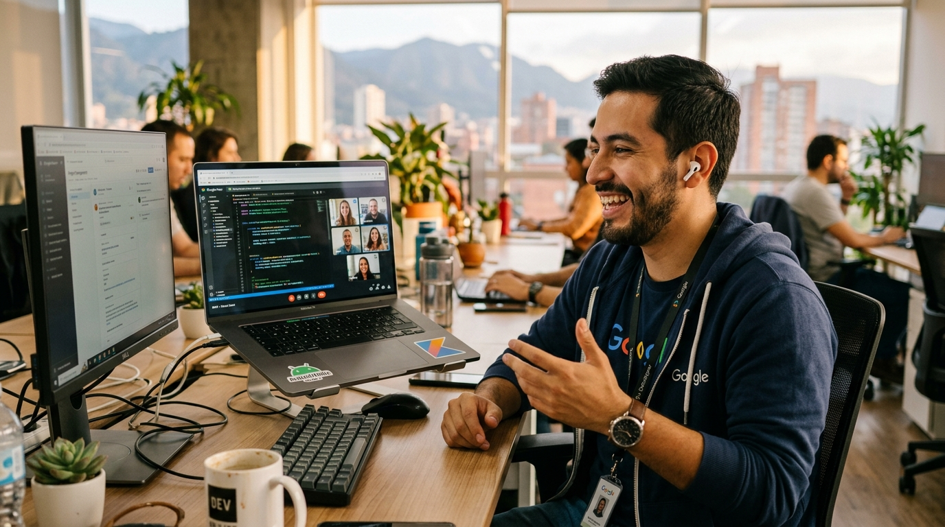 Latin American Android developer on a real-time video call collaborating with a US product team, Kotlin code visible on screen