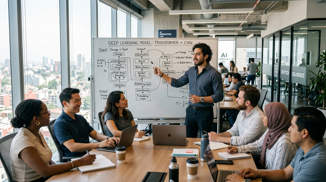 Mexican AI developer explaining a machine learning architecture on a whiteboard to a nearshore software development team in 2026