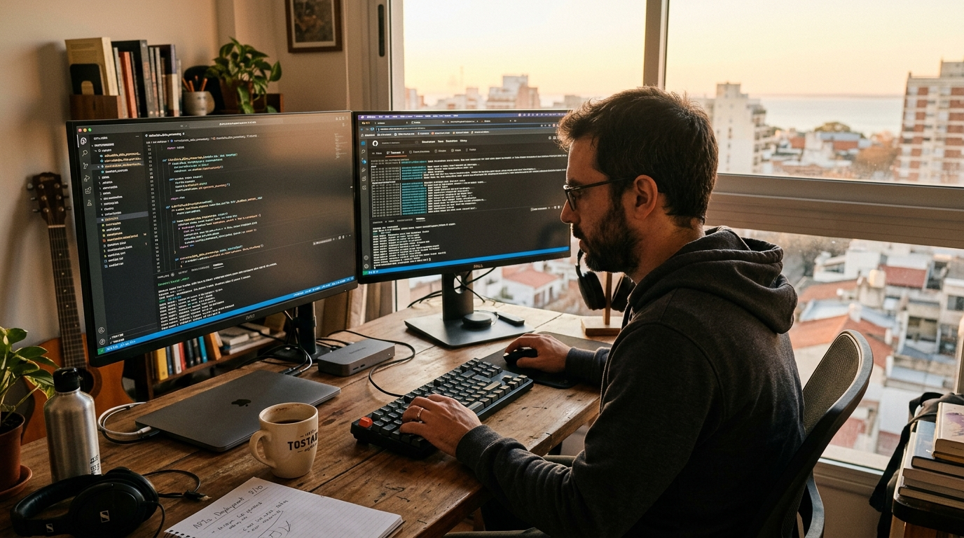 Argentine developer working on dual monitors in a Buenos Aires home office — hire Argentine developers in 2026