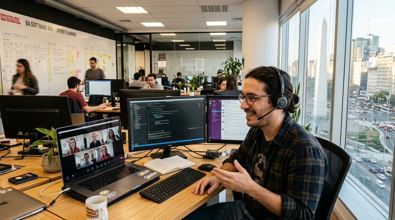 Argentine developer on video call with US team — nearshore collaboration during real business hours