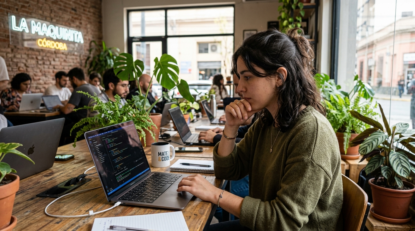 Argentine developer reviewing code in a Córdoba co-working space — nearshore Latin American talent for US tech teams