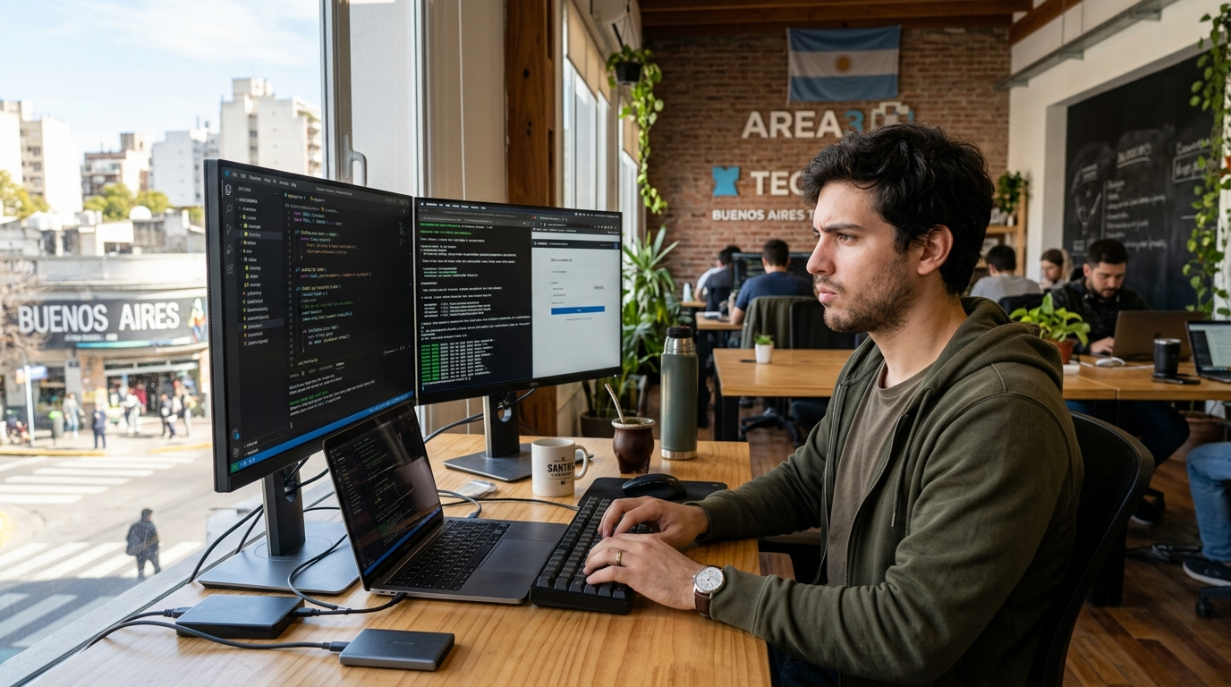 Argentine software developer working at a Buenos Aires co-working space with dual monitors showing code, representing nearshore hiring in 2026