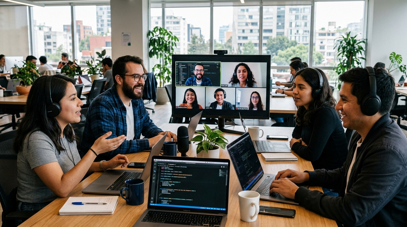 Nearshore Argentine software development team on a video call with US client, laptops showing code, bright modern office environment