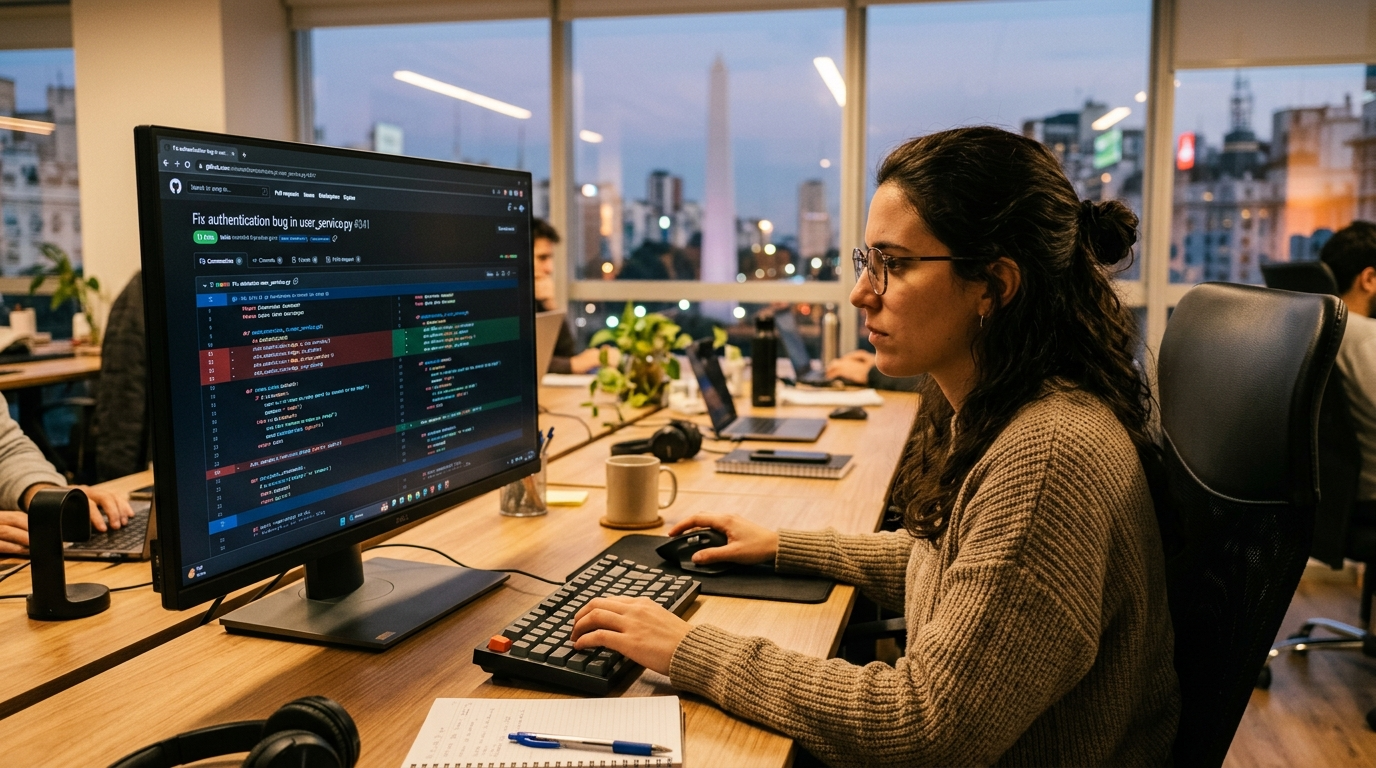 Argentine female software developer reviewing Python code on a large monitor, nearshore developer working US business hours in Buenos Aires
