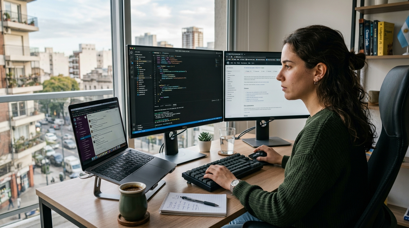 Argentine developer working at a modern Buenos Aires desk in 2026, dual monitors showing code — nearshore Latin America talent