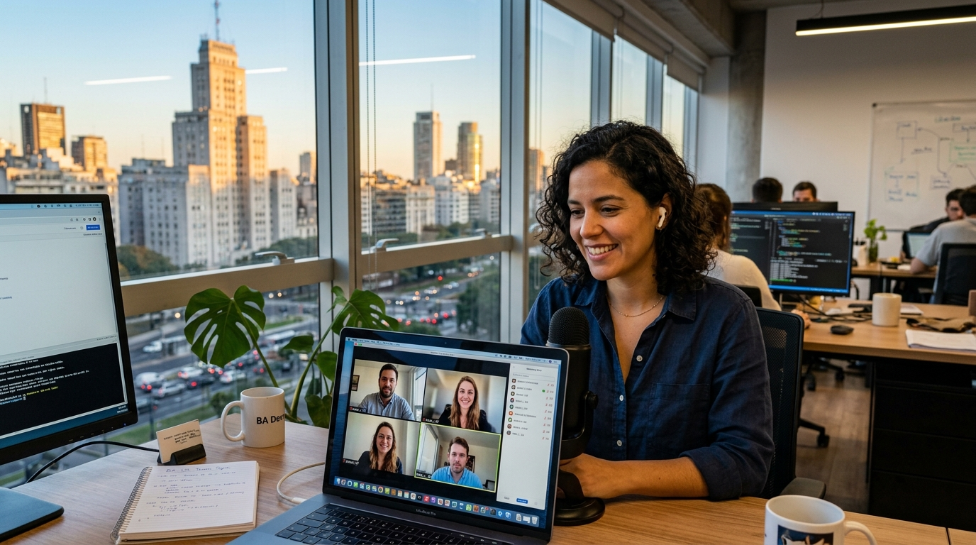 Argentine female developer on a real-time video call with US colleagues, nearshore Latin America setup, Buenos Aires office