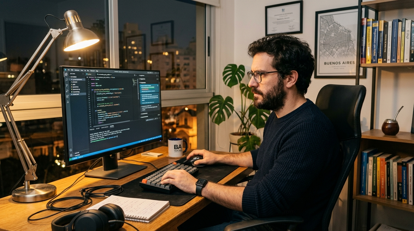 Argentine nearshore developer reviewing AI copilot code suggestions in a modern home office in 2026