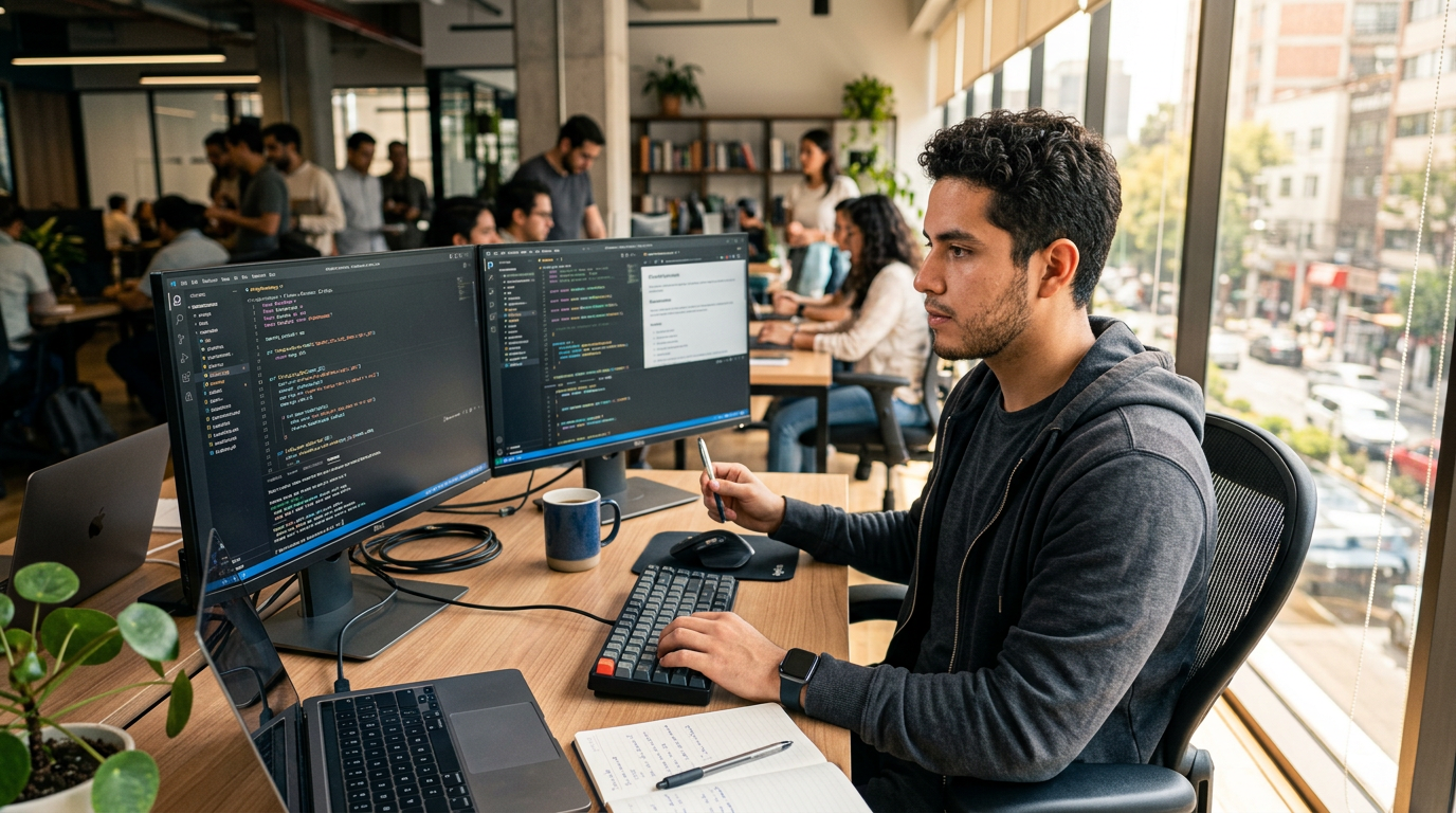 Latin American nearshore developer at dual-monitor workstation writing code, representing how to hire Brazilian developers in 2026