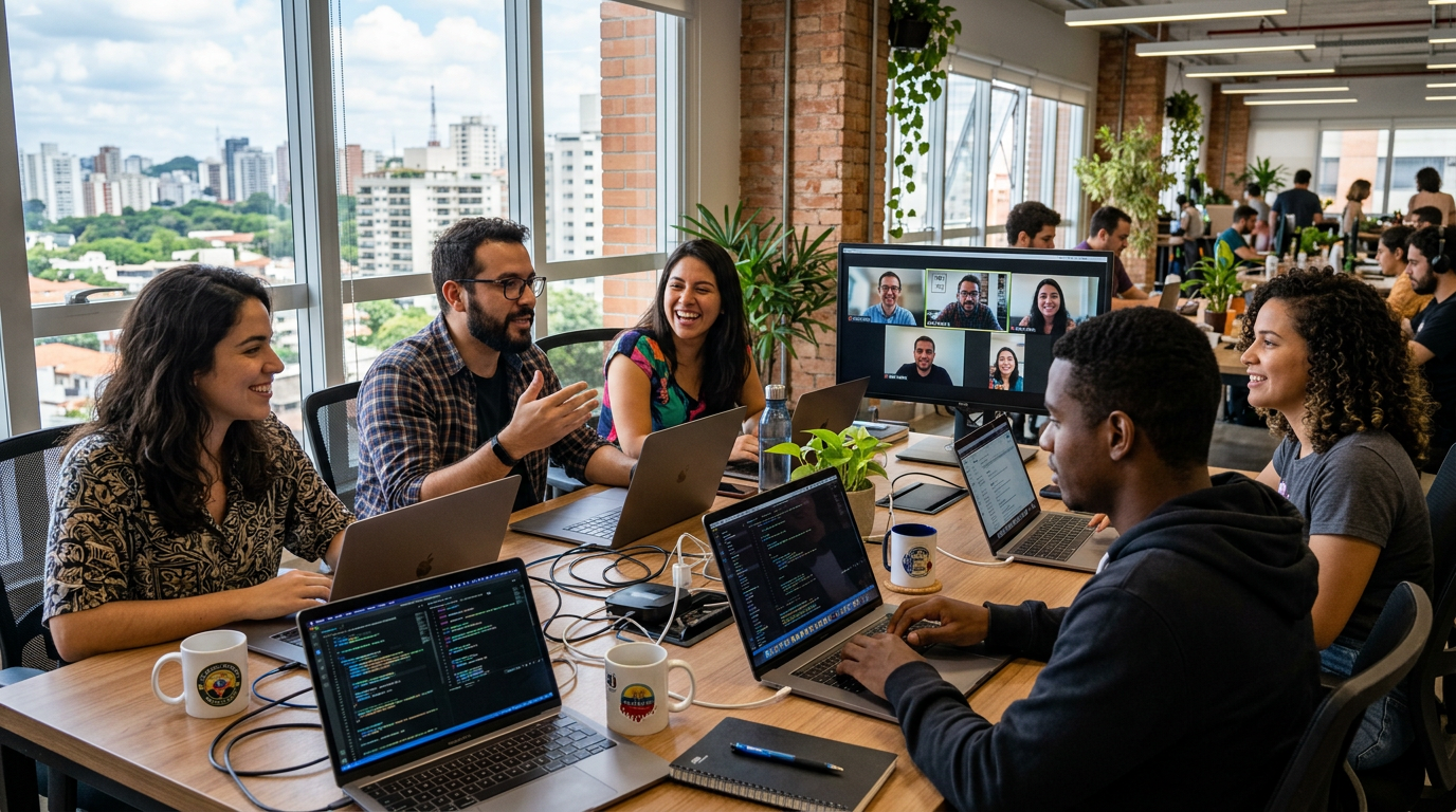 Latin American nearshore developer team on video call with US client, illustrating hiring Brazilian developers for US tech teams