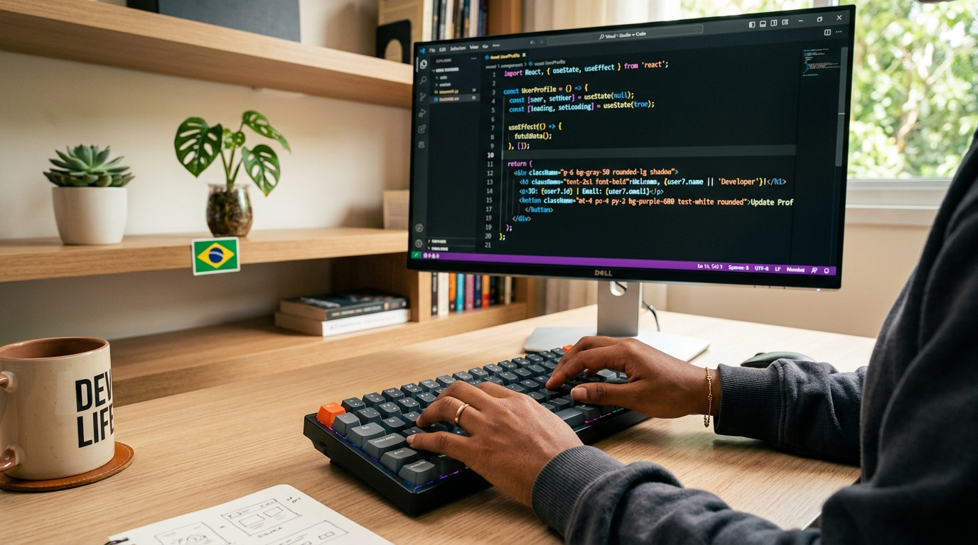 Brazilian nearshore developer writing React code in a home office, illustrating technical skill when you hire Brazilian developers