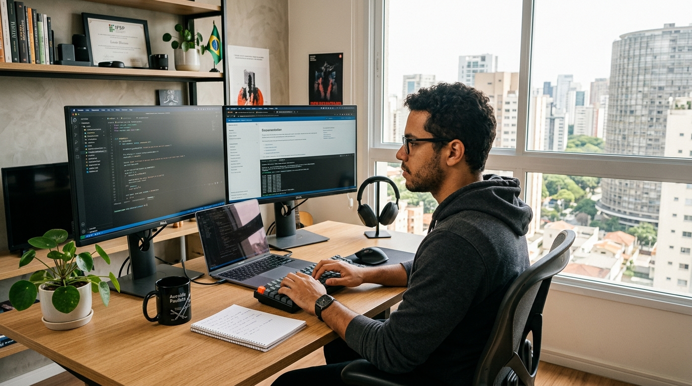 Brazilian software developer working at a dual-monitor desk in a modern São Paulo home office in 2026