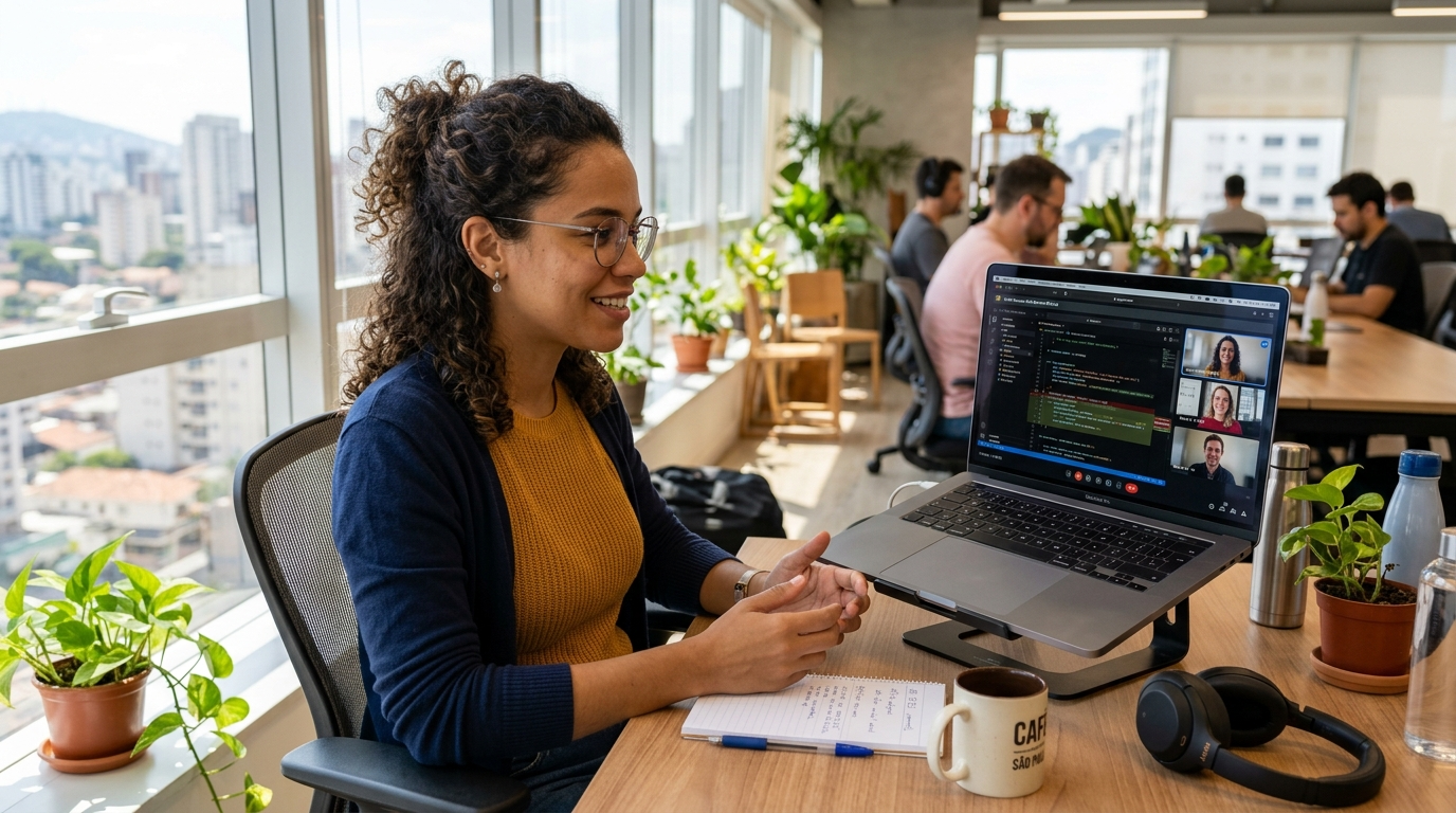Brazilian software developer on a video call with a US engineering team, reviewing code on a laptop in a modern office