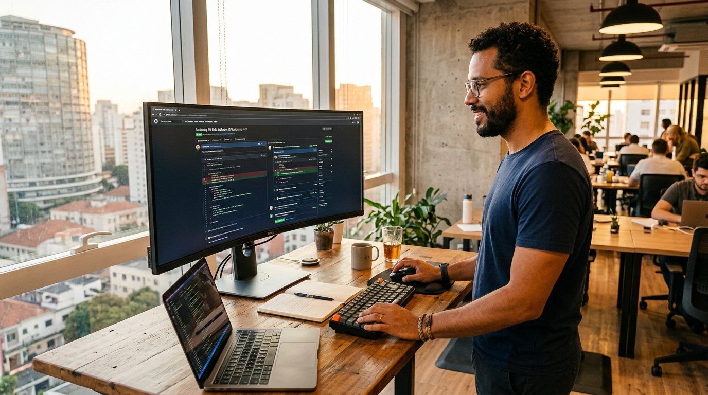 Latin American nearshore software developer reviewing a pull request at a standing desk in a modern co-working space in 2026