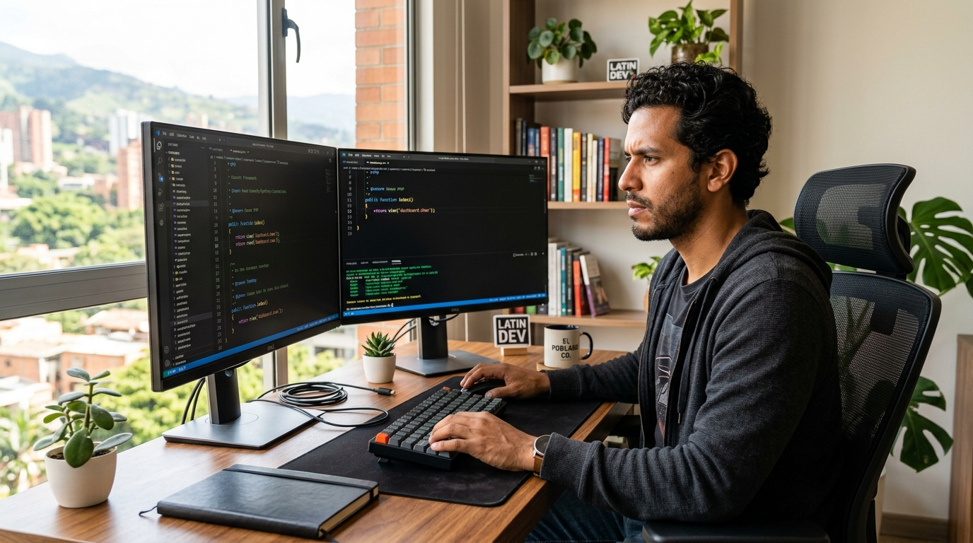 Latin American Brutos Framework developer working at dual-monitor setup with PHP code visible, natural light home office