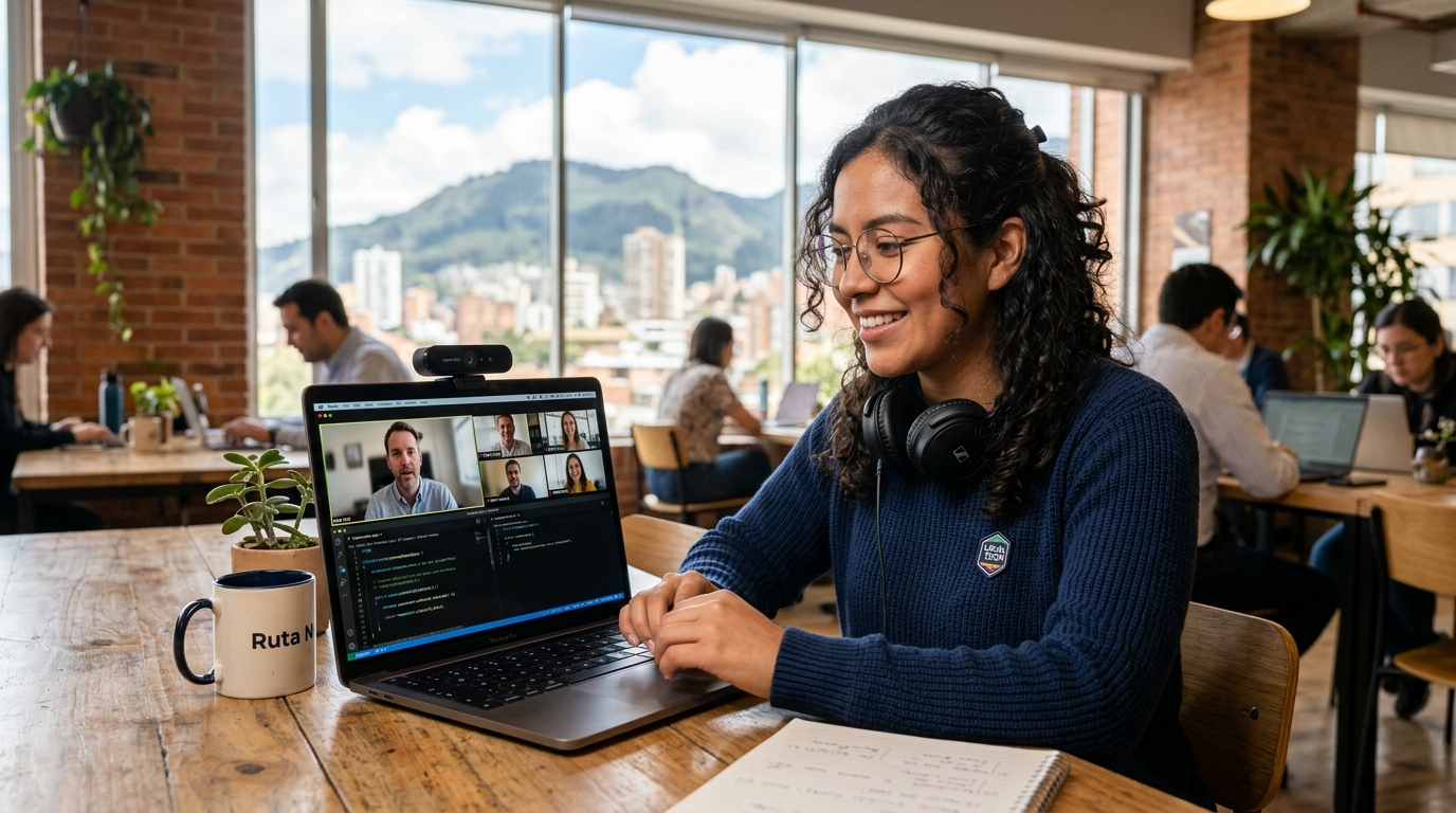 Latin American Brutos Framework developer on video call with US client team, PHP code visible on laptop screen