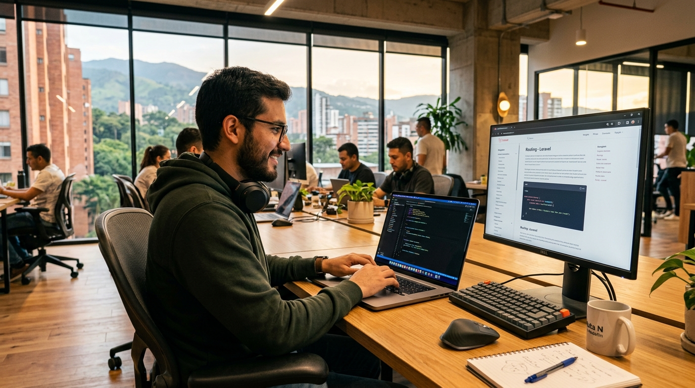 Brutos Framework PHP developer in Medellin coworking space, coding on MacBook with framework documentation visible