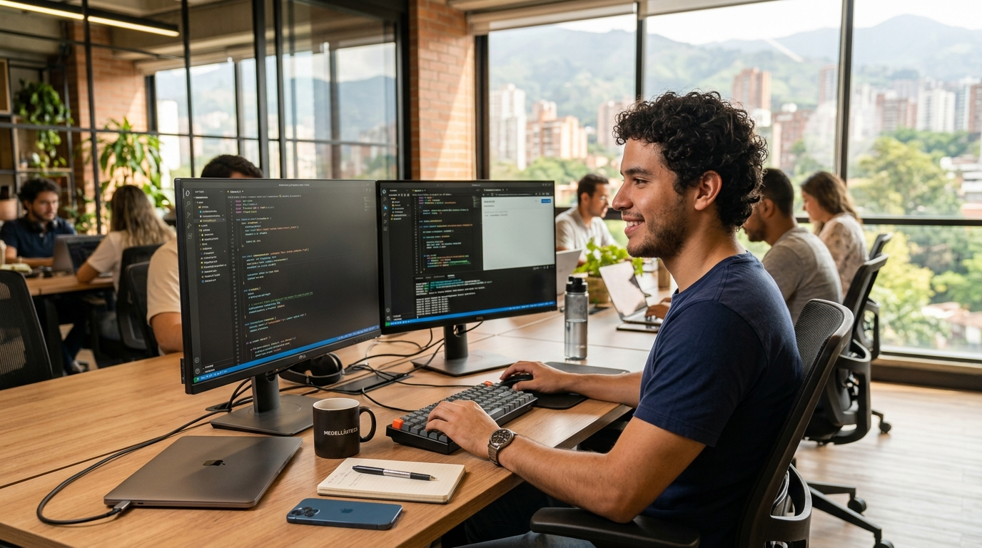 Colombian developer working at a modern Medellín co-working space, screens showing code, representing nearshore hiring in 2026