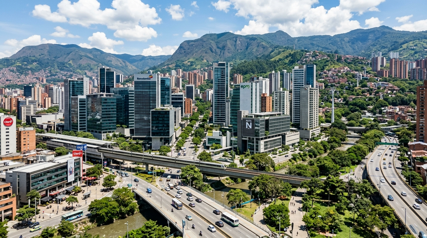 Medellín Colombia tech hub skyline in 2026, representing the nearshore Colombian developer market
