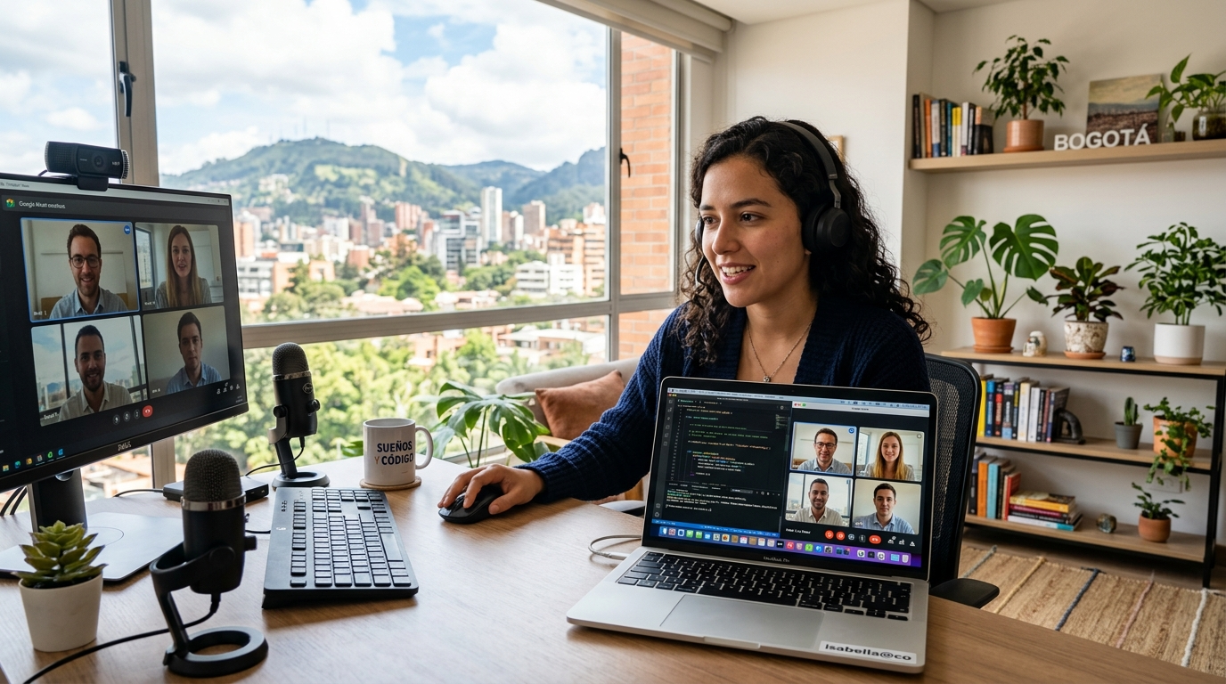 Colombian nearshore developer on video call with US team, reviewing code in a modern Bogotá home office