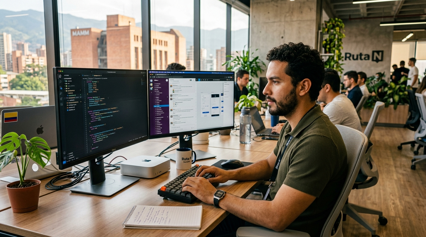 Colombian software developer working at dual monitors in a modern Medellín co-working space with code visible on screen