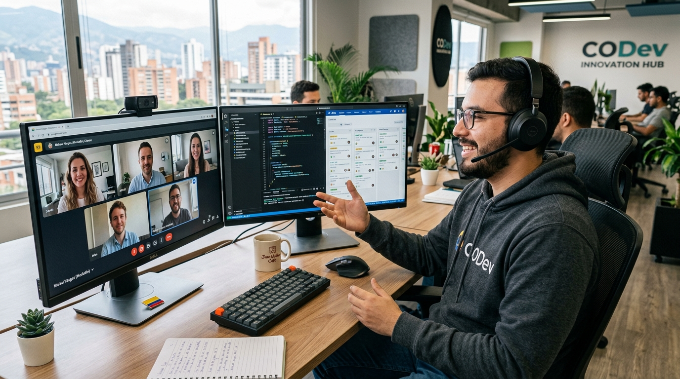 Colombian software developer on a live video standup with a US engineering team, React code visible on monitor