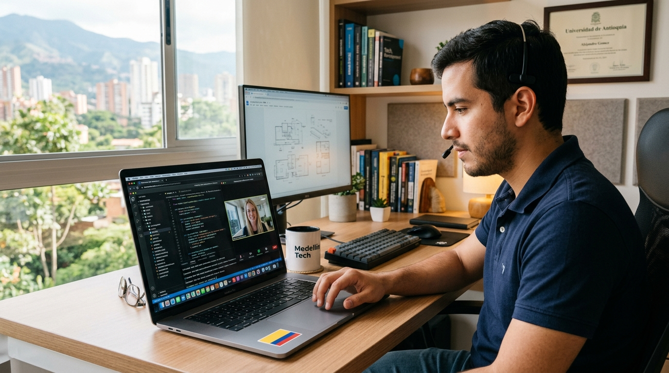 Colombian nearshore developer onboarding remotely with a US engineering team lead, reviewing codebase on laptop