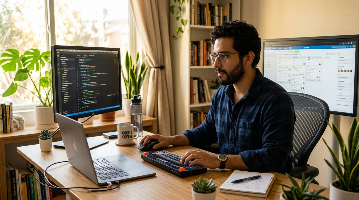 Latin American nearshore developer reviewing cron job scheduling code on dual monitors in a bright home office, 2026