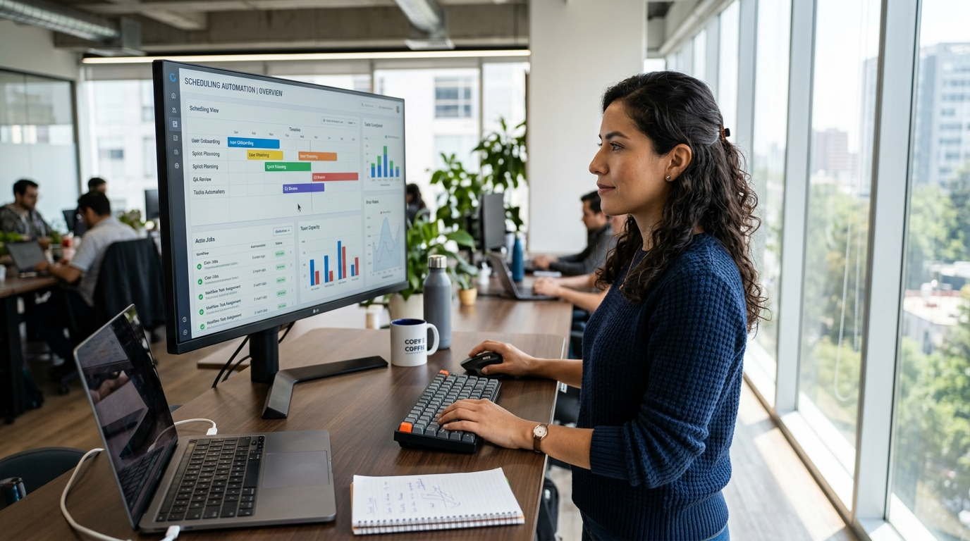Nearshore Latin American developer monitoring cron job scheduling dashboard on large monitor in modern office