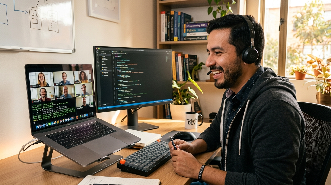 Nearshore Latin American cron developer on live video call with US team, terminal showing scheduled job logs on laptop screen
