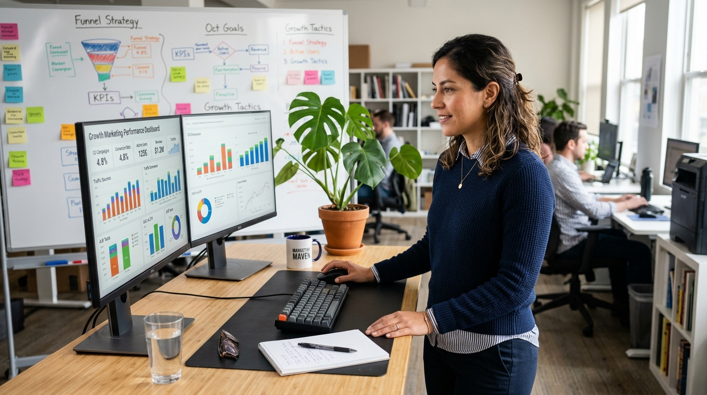 Nearshore growth marketer reviewing campaign dashboards on dual monitors in a bright Latin American office, 2026