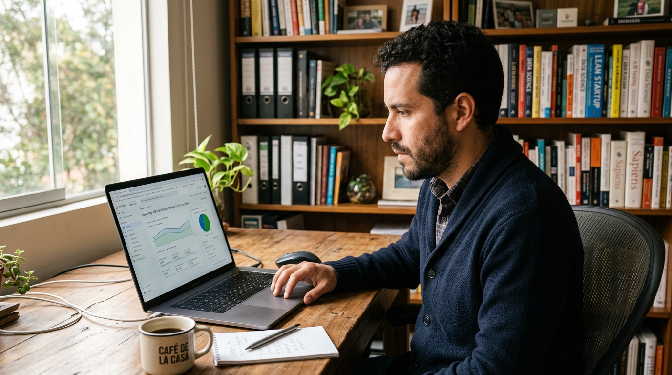Nearshore dedicated growth marketer analyzing A/B test results in Google Analytics on a laptop in a Latin American home office