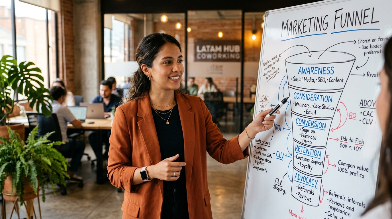 Nearshore growth marketer presenting funnel strategy on whiteboard in a modern Latin American co-working space