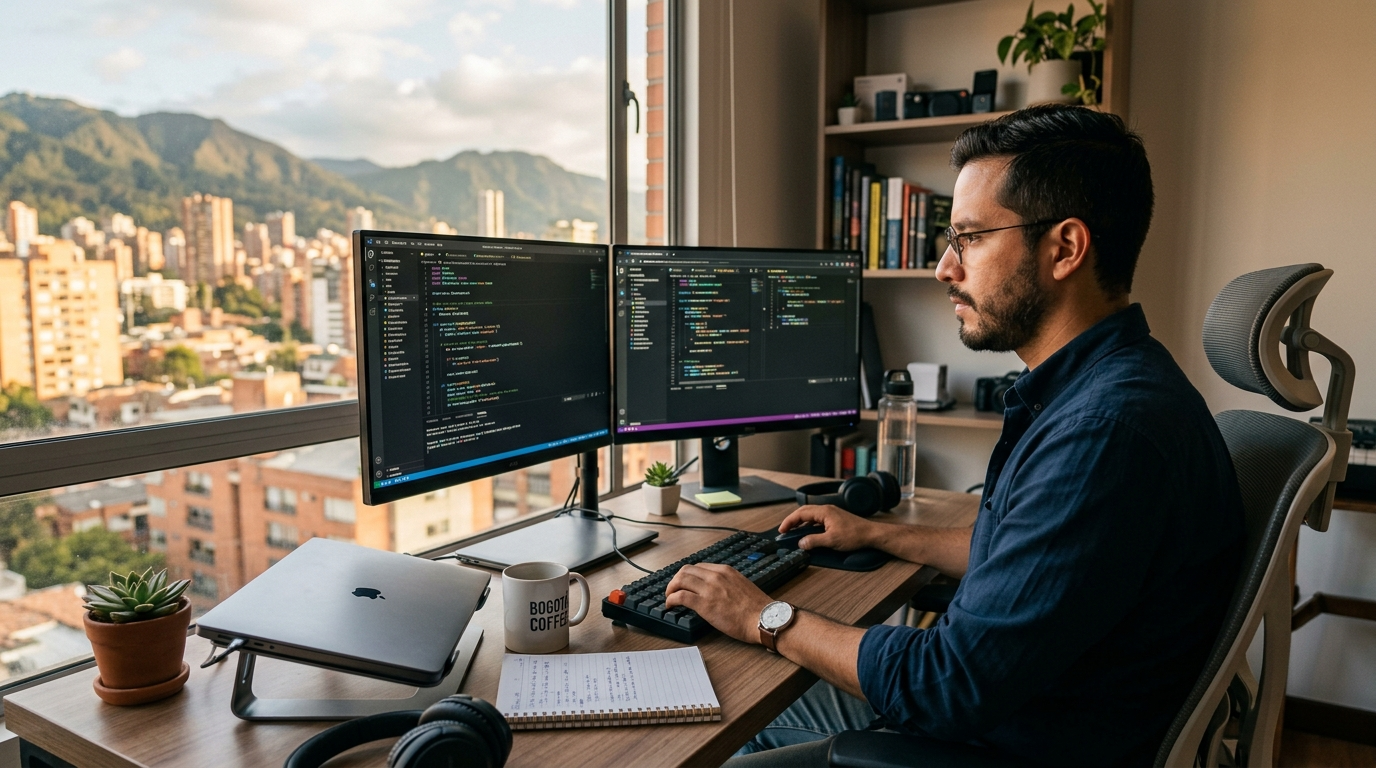 Latin American nearshore developer coding at a dual-monitor desk in a professional home office in Bogotá, Colombia