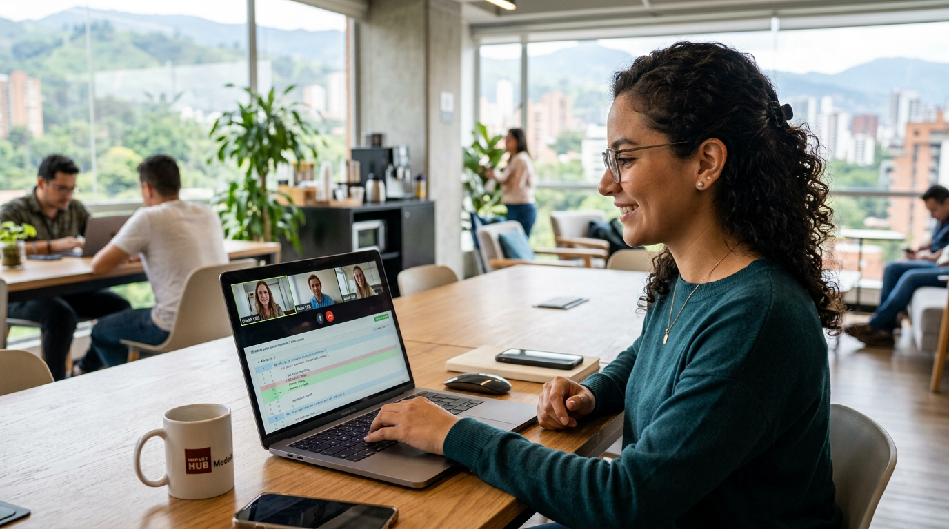 Latin American nearshore developer on a video call with US engineering team, reviewing code in a Medellín coworking space