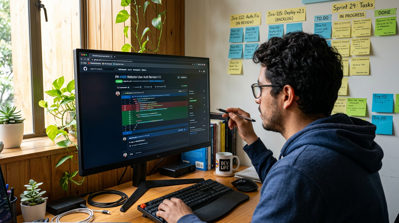 Nearshore developer in Latin America reviewing a GitHub pull request at a well-lit home office desk with sprint notes on wall