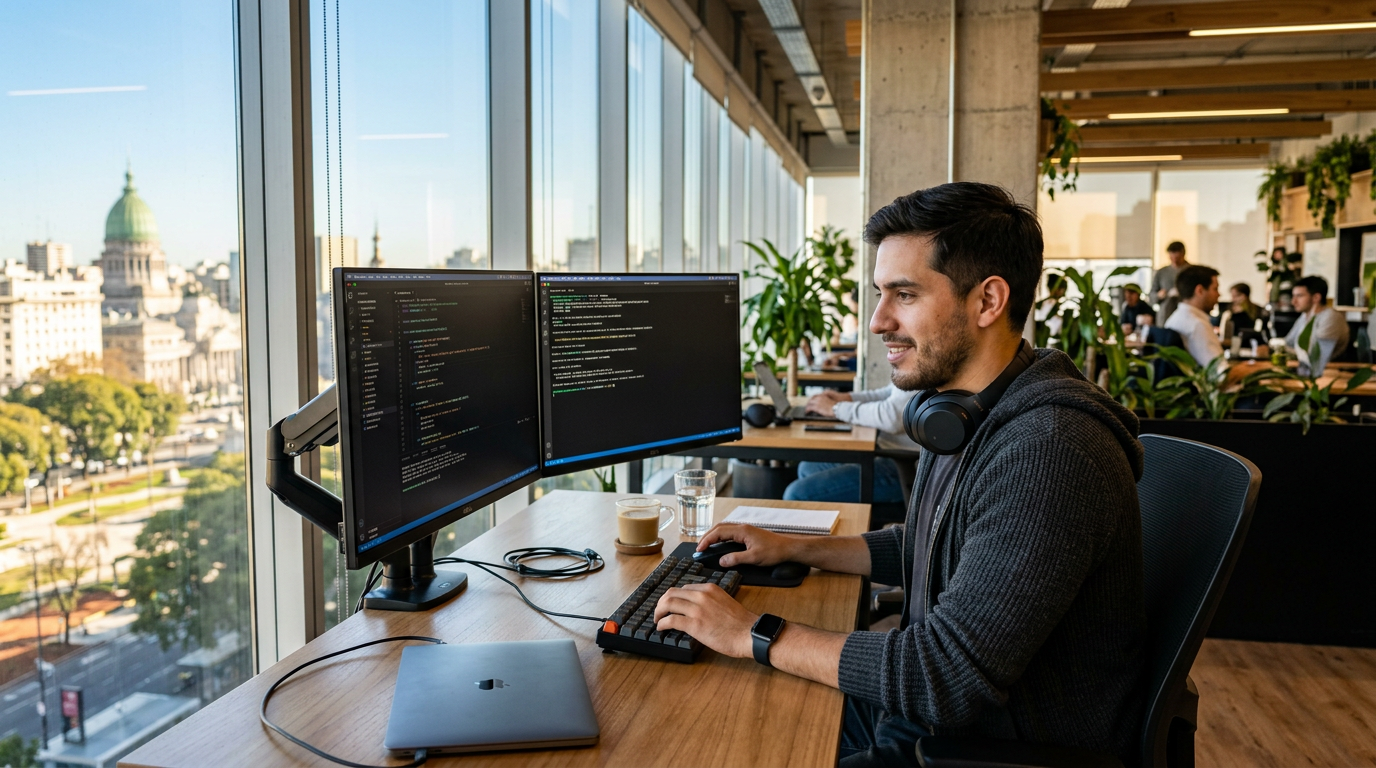 Argentine software developer working at a Buenos Aires co-working space, dual monitors showing code — hire developers in Argentina in 2026