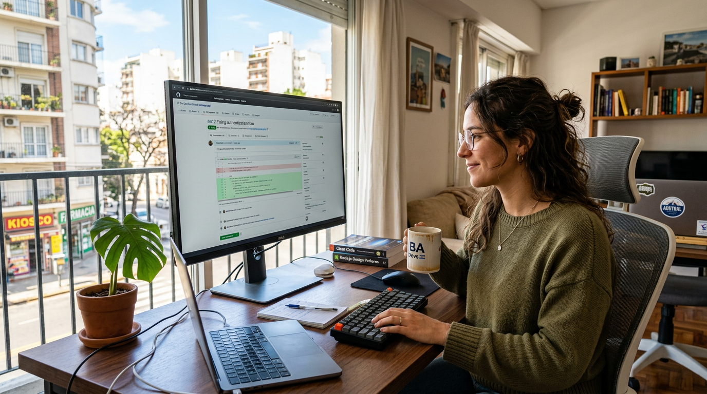 Argentine female developer reviewing GitHub pull requests from a home office in Buenos Aires — nearshore developer hiring in 2026