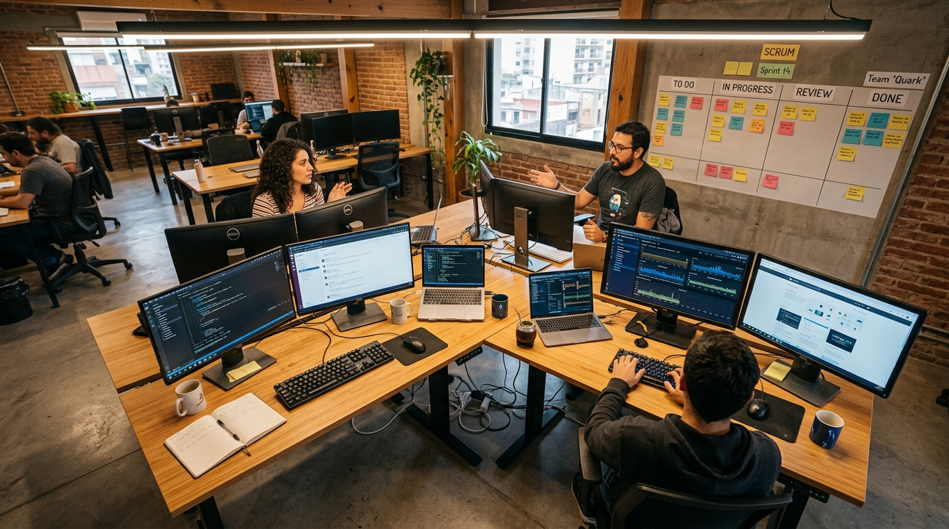 Argentine development team in a Córdoba tech office working on a US client project — nearshore developer hiring 2026