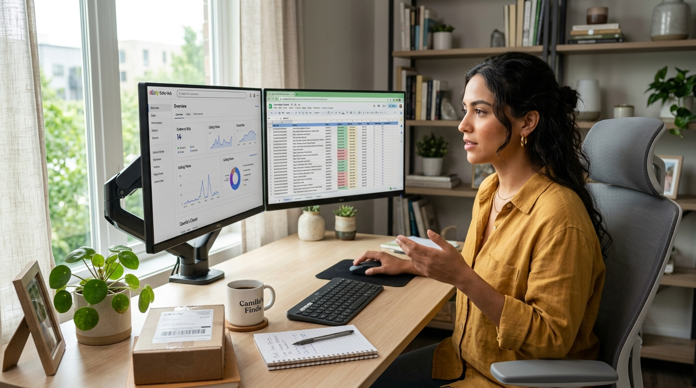 Latin American eBay seller virtual assistant managing product listings on eBay Seller Hub at a modern home office desk